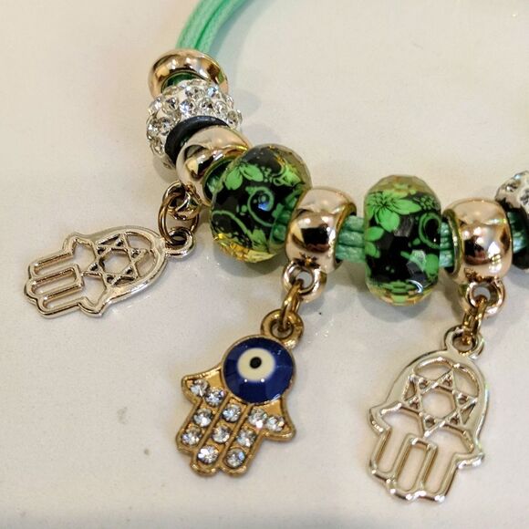 Women's Green Silver Bracelet with Hamsa, Star of David Charms - Picture 2 of 2